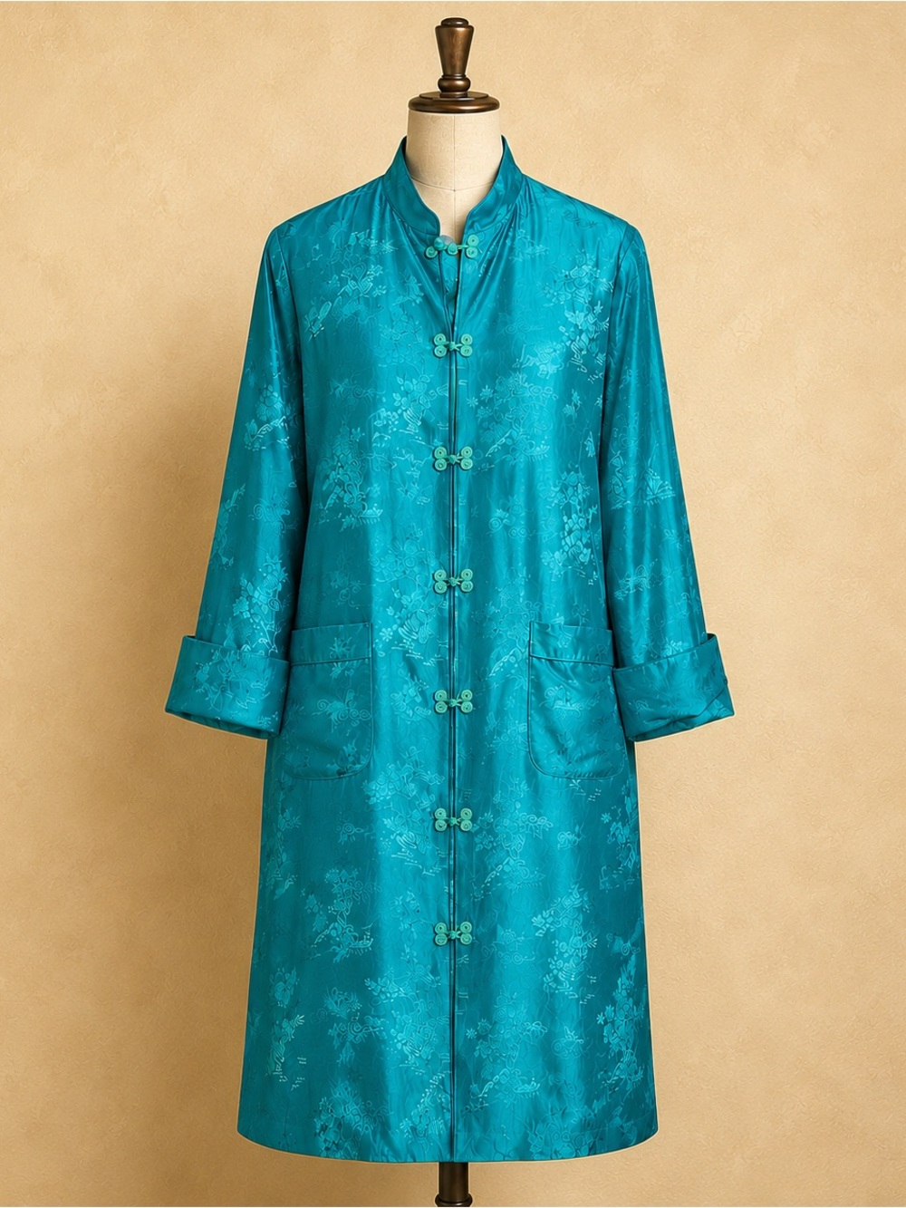 Vintage 90's Silk Brocade Asian Duster Jacket Kimono Teal Sz M Whimsigoth Y2K